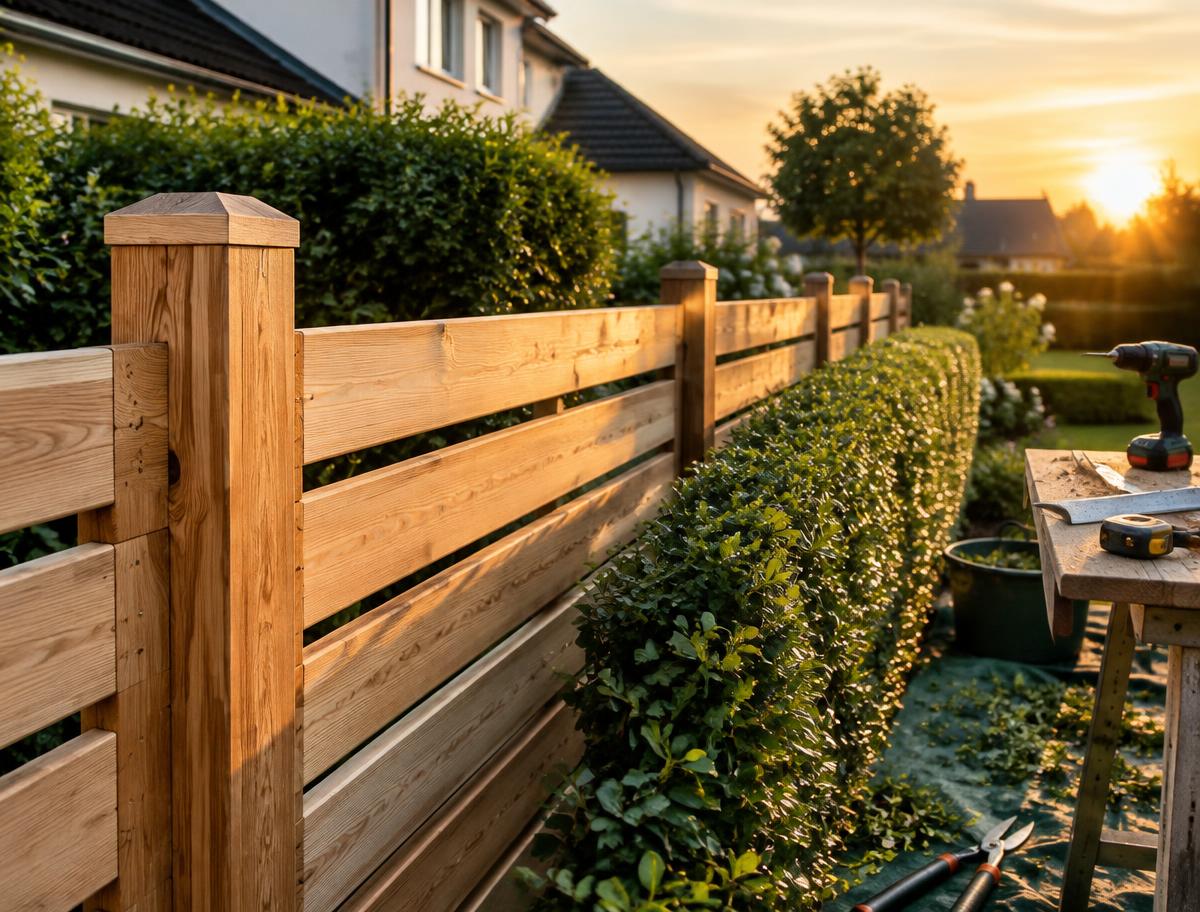 Neu gebauter Holzzaun im Abendlicht